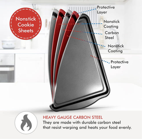 Perlli Cookie Sheets for Baking Non Stick Oven Pan Tray Baking Sheet 3-Piece Set (Small, Medium & Large) Carbon Steel BPA Free Cooking and Baking Trays for Cakes and Cookies by PERLLI