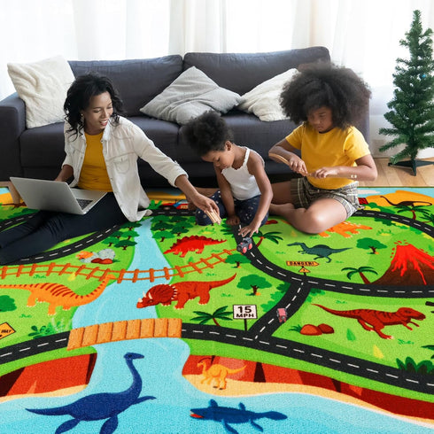 Rug,59"X39.4" Kids Carpet Playmat Dinosaur Car Rugs for Kids Toy Cars,Non Slip Dino Safari Road Map Kid Rug