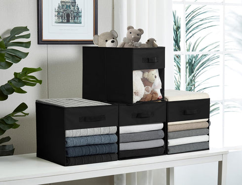 DECOMOMO Storage Baskets for Shelves - 13x15x13 Storage Cube Bins with Clear Window (Kallax / 4pcs, Black)