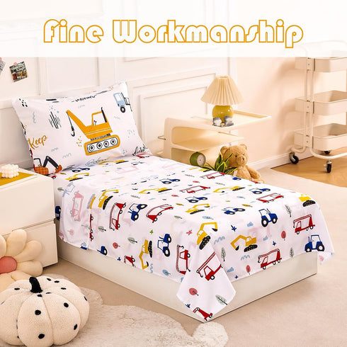4 Sets Set Set PERFEMET Piece Boys Twin Bedding Car Printed on White Kids Comforter for Boys Reversible Cartoon