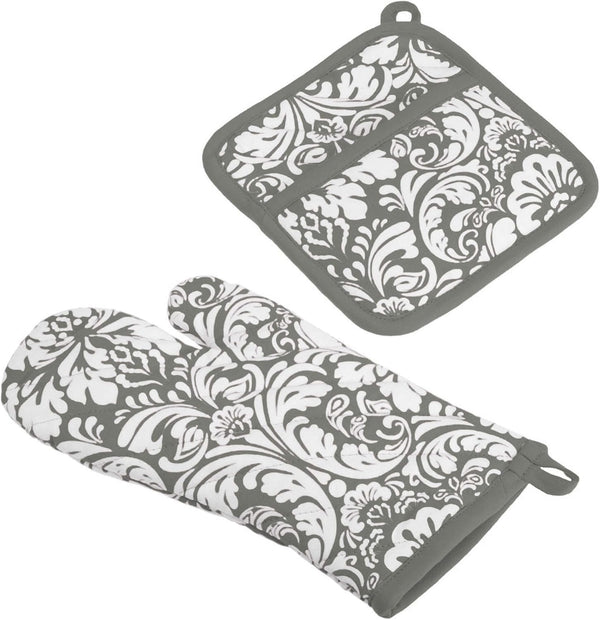 DII Quilted Kitchen Oven Mitt & Potholder Set, Gray Damask Print, 2 Piece, OM 6.5x12/PH 8x8.5