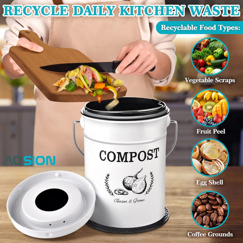 AOSION 1.0 Gallon Kitchen Compost Bin Counter, Indoor Composter Container with Lid and Charcoal Filters, White