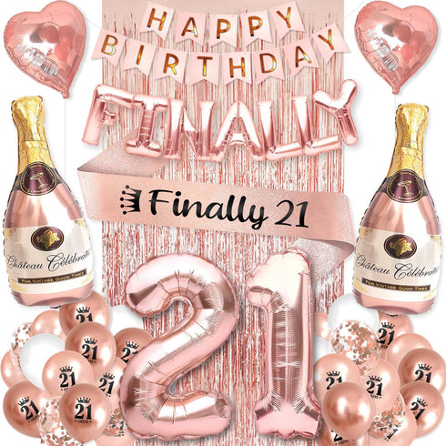 21st Birthday Party Decorations for Her, Rose Gold Supplies Big Set with Birthday Banner and 21 BDay Digit Balloons
