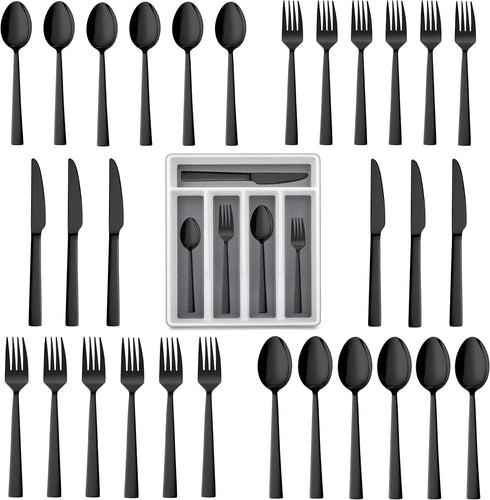 LIANYU 20-Piece Black Silverware Set with Tray - Stainless Steel Flatware Cutlery Set for 4 - Dishwasher Safe