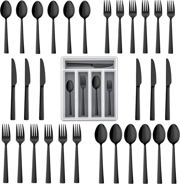 LIANYU 20-Piece Black Silverware Set with Tray - Stainless Steel Flatware Cutlery Set for 4 - Dishwasher Safe