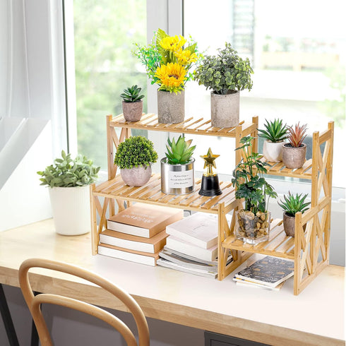 2 Lawei Tier Bamboo Tabletop Plant Stand, Adjustable Flower Pot Holder Shelf Planter Display Stand, Small Desktop