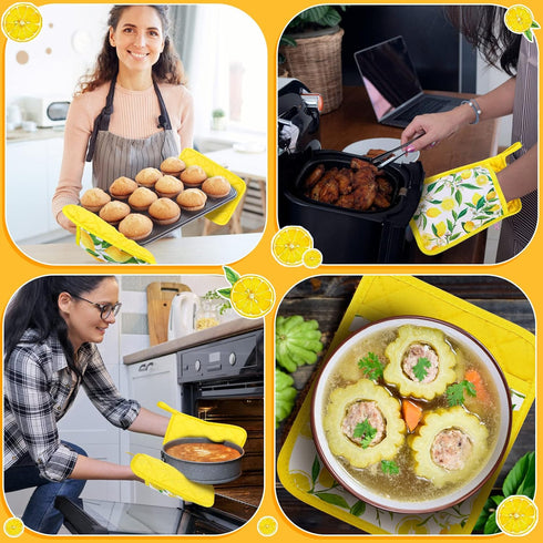 6 Pcs Pot Holders for Kitchen Heat Resistant Yellow Lemon Design Pot Holders with Hand Pockets and Hanging Loops Cotton