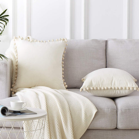 Top Finel Decorative Throw Pillow Covers 18x18, Set of 2, Cream White Velvet Cushion Covers with Pom Poms