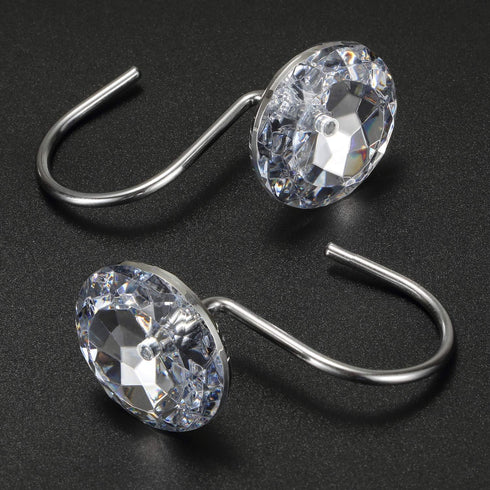 CHICTIE Set of 12 Crystal Decorative Shower Curtain Hooks, Stainless Steel Rust Resistant White Round Diamond