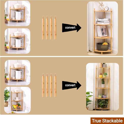 2-Tier Expandable Bamboo Corner Shelf Stand,Corner Bookshelf, Display Storage Shelves with Open Shelves