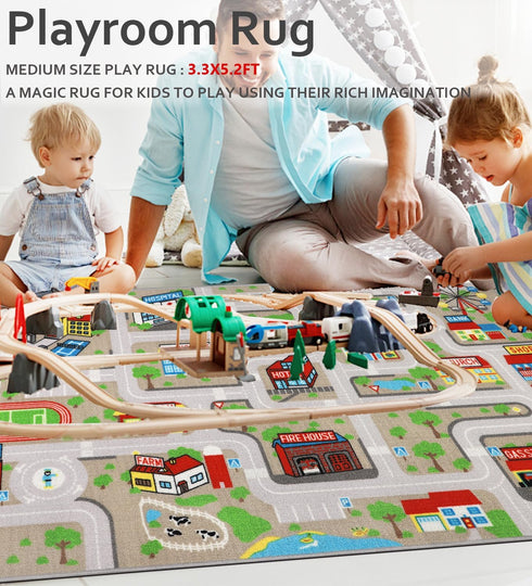 5'2''x3'3'', Kids Carpet Playmat Rug Kids Rugs for Bedroom, Non-Slip Town City Road Map Car Rugs for Kids Toy Cars