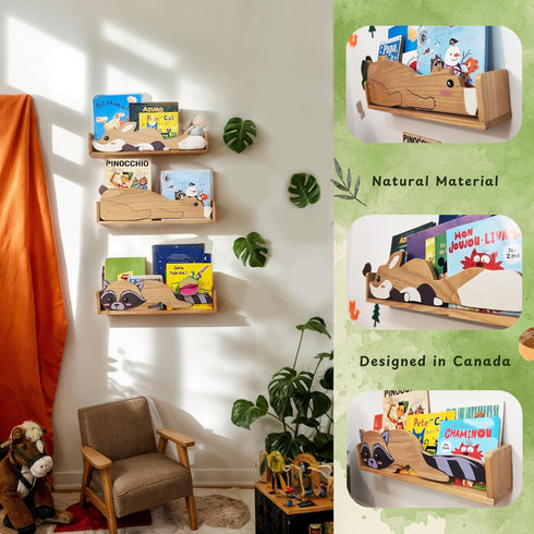 3 24inch Floating Shelves, Wall Shelf for Kids Rooms, Woodland Nursery Bookshelves, Bear Fox and Raccoon