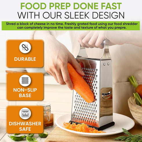 4 Spring Chef Professional Large Parmesan Cheese Grater, Stainless Steel Metal Box Grater with Handle, Sided Handheld