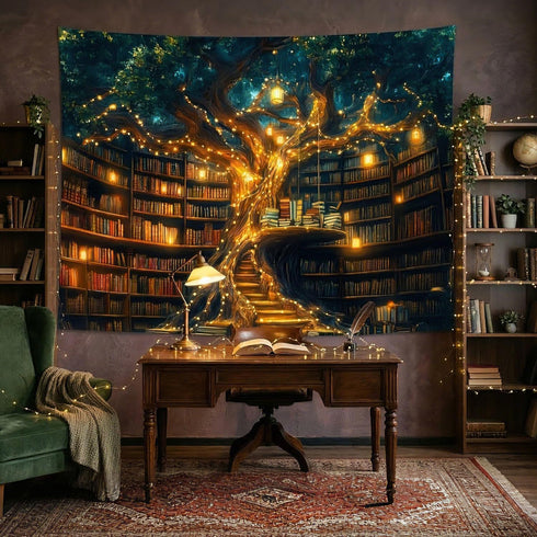 60"X40" GOAOK Fantasy Library Tapestry For Classroom, Mysterious Tree Magic Bookshelf Aesthetic Tapestries, Witchy