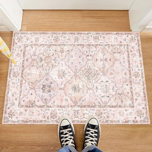 Washable Vintage Boho Area Rug 2×3, Non-Slip Pink Doormat for Bathroom, Kitchen, Entryway