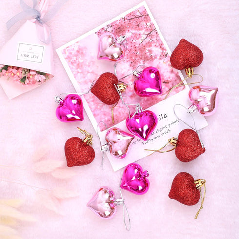 Elcoho 24 Pieces Valentine's Day Heart Baubles Ornaments for Decoration, 2 Styles (Glossy, Glitter)