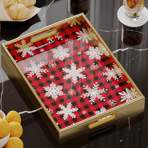 Christmas Gold Serving Tray with Handles, Plastic Decorative Tray, Rectangular Coffee Table Tray for Ottoman, Storage