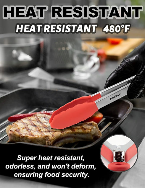 Anaeat Non-Stick Silicone Locking Tong Set of 3 - 7", 9" and 12" Kitchen Food Tongs with Non-Slip Tips, Heat Resistant