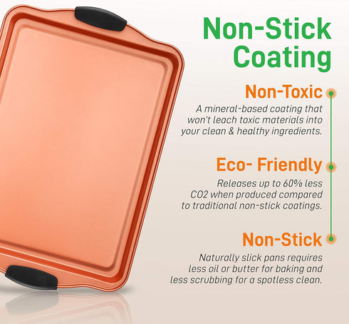 NutriChef 3 Piece Baking Pan Set, PFOA Free Flexible Nonstick Carbon Steel Bakeware with Black Silicone Handles