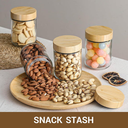 NETANY 4-pack 16oz Glass Jars with Airtight Bamboo Lids, Wide Mouth Mason Salad Jars for Food Storage