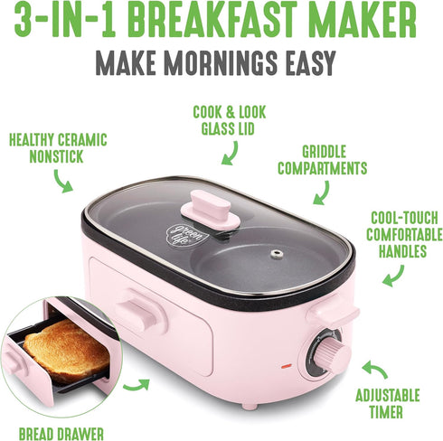 GreenLife 3-in-1 Breakfast Station, Ceramic Nonstick Dual Griddles for Eggs, Meat, Pancakes & Sandwiches, Pink