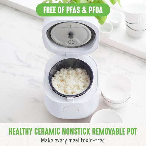 GreenLife 4-Cup Digital Rice Cooker, PFAS & PFOA-Free, Removable Ceramic Pot, Touch-screen, White