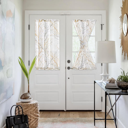 FMFUNCTEX White Sheer Front Door Curtains, 40 Inches Long Yellow Grey Print Branch Tree Half French Panel, 50 Inches