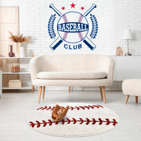 STEF 36 Inch Baseball Rug Round Soft Microfiber Sports Carpet with Non-Slip TPR Backing, Baseball Decor for Boys Room