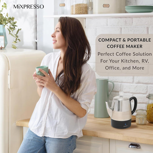 4 Mixpresso Small Electric Percolator Coffee Pot Cup Stainless Steel - Coffee Percolator Electric with Keep Warm