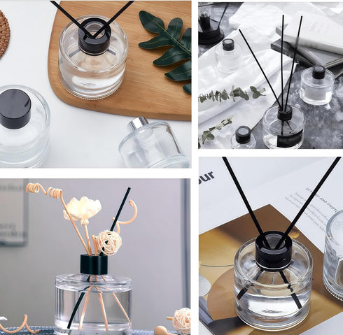QUUPY 2 50ml/1.7oz Pcs Clear Round Empty Glass Diffuser Bottles Jars Containers Fragrance Accessories with Black Lid