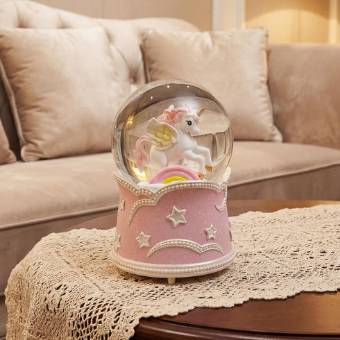 Pink Unicorn Snow Globe with Lighted Rainbow & Lullaby Music LED Musical Snow Globe with Floating Glitter, Elegant