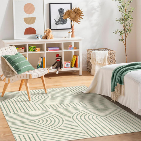5x7 LUXRUG Washable Area Rug - Boho Living Room Rug Soft Indoor Carpet Ultra-Thin Sage Green Modern Abstract Rainbow