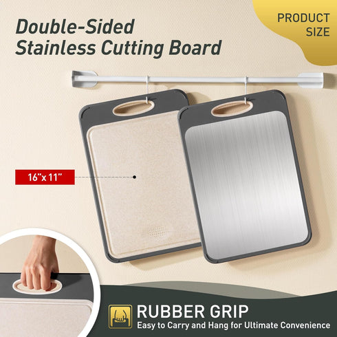 2025 (16"L 11"W) Stainless Steel Cutting Board, Non Toxic Cutting Board for Kitchen Double Sided Food Grade, Chopping