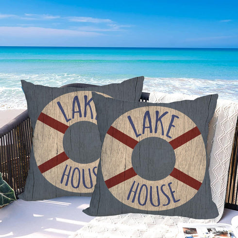2 Waterproof Outdoor Lake House Pillow Covers 22x22 Inch, Vintage Summer Coastal Nautical Life Buoy Throw Pillow Cases