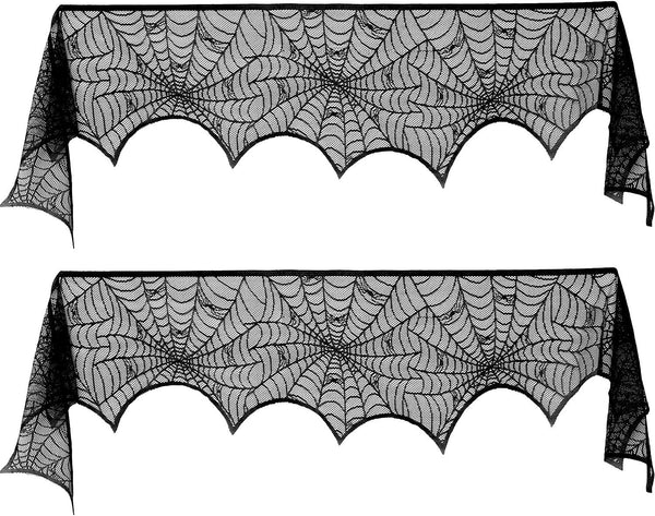 Blulu 2 Pieces Spiderweb Fireplace Mantle Scarf, Lace Halloween Decoration Cover for Home Party Supply (Black, 18 by 96