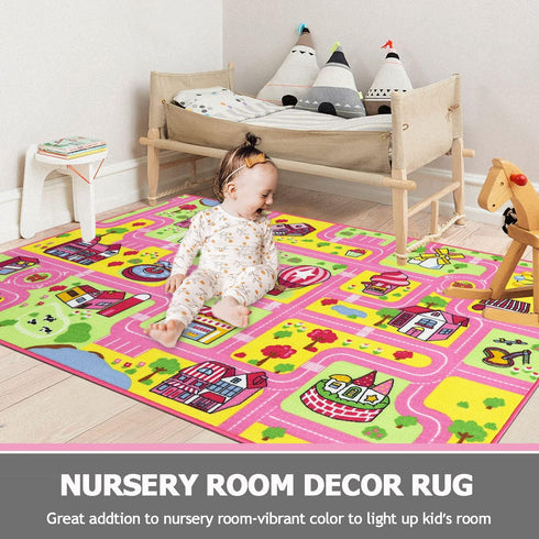 5.2x3.3 Capslpad Kid Rug for Playroom Pink Play Rug Traffic Road Car Play Mat ft Educational Learning Area Rug Washable