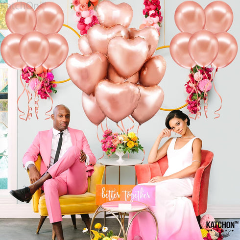 KatchOn Pack of 20 Big Rose Gold Heart Balloons - 18 Inch Rose Gold & Blush Pink Heart Shaped Balloons for Valentines &