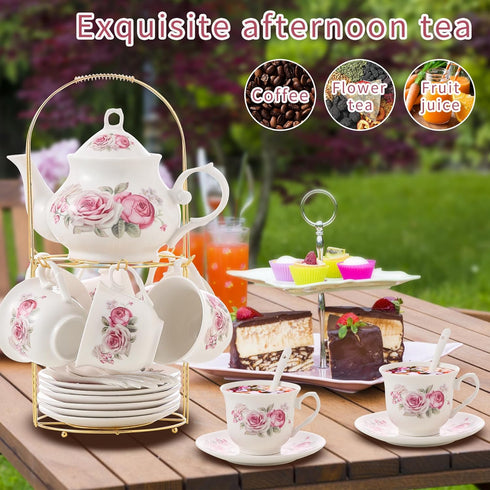 TATSUMI 20-Pieces Set Sets Sets Home&Party(016) Tea For Adult with Golden Metal Rack,Porcelain Tea For Women,Tea Gift