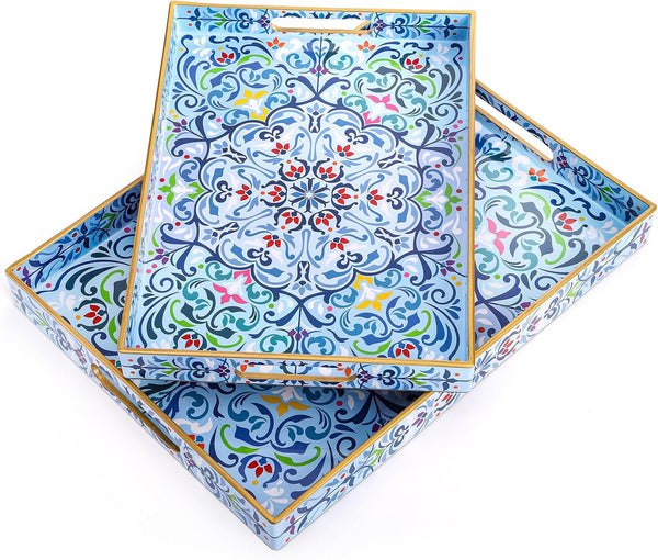 Hiceeden Set of 2 Boho Floral Serving Tray with Handles, 15.7" x