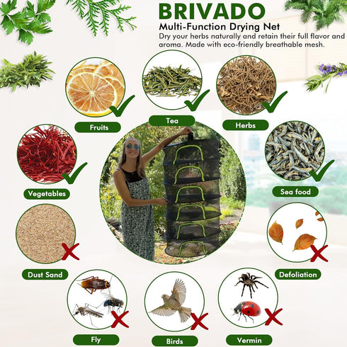 BRIVADO 4 24" Herb Drying Rack Hanging Mesh Layer with Zipper, Garden Pruning Shear, Hook & Carabiner Clip for Drying