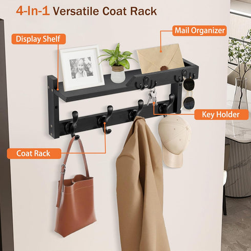 dreampossible Coat Rack Wall Mount with Shelf, Coat Hanger Wall Mount with Key Hooks and Mail Holder, Wood Entryway