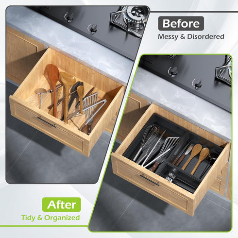 Bamboo Drawer Organizer Trays, 5 PCS Stackable Junk Drawer Organizer Bins for Makeup, Office Desk, Vanity, Black