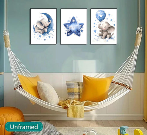 3Pcs 12X16unframed Blue Nursery Elephant Canvas Wall Art Baby Boy Wall Decor Cute Animal Painting Pictures Moon