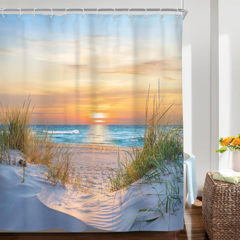 Riyidecor Beach Ocean Coastal Shower Curtain Seaside Seashore Sunset Sunrise Scenery Hawaii Landscape Tropical Sand Summer 60Wx72H Inch Nature Fabric Decor Bathroom Polyester Waterproof 12 Pack Hooks