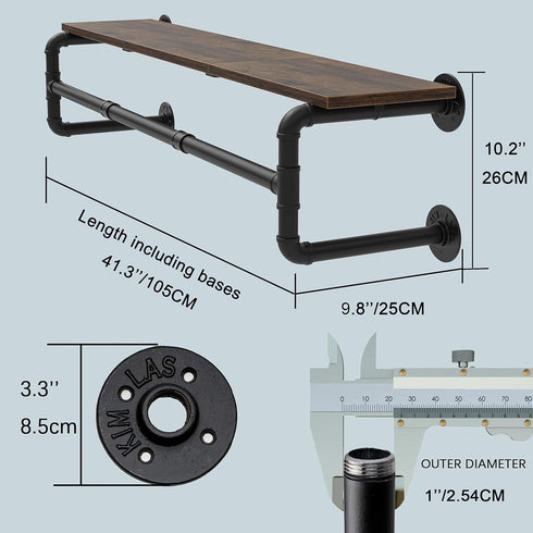 Industrial Pipe Clothes Rack with Top Shelf and 3 Hooks, 41''L Wall Mounted Heavy Duty Iron Garment Rack