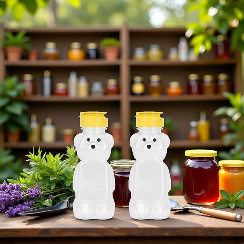 BWESOO 2Pcs 8 Oz Yellow Plastic Bear Honey Bottle Jars, Empty Honey Squeeze Bottle with Flip-top Lid for Storing