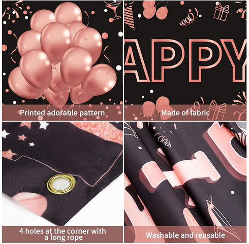 Pimvimcim 18th Birthday Decorations for Girls - Happy 18th Birthday Banner in Rose Gold and Black, Party Supplies