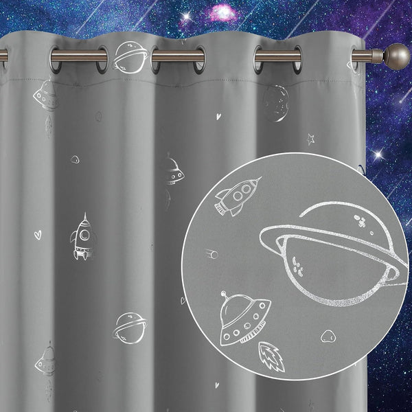 Vangao Grey Kids Curtains for Boys Bedroom Space Theme Blackout Curtains for