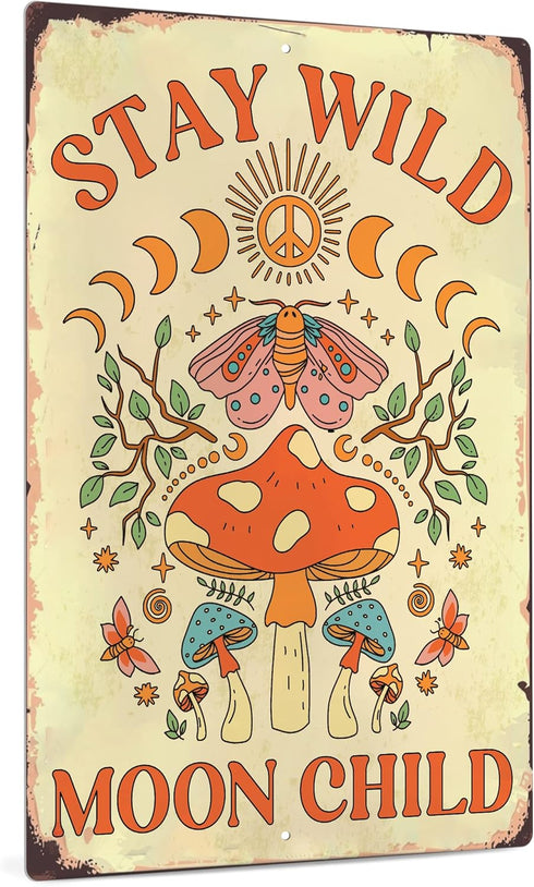 Putuo Decor Stay Wild Moon Child Sign, Retro Mushroom Wall Decor, 12