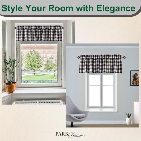 Park Designs Farmhouse Kitchen Valances, Black & Cream Buffalo Check, 72" x 14"